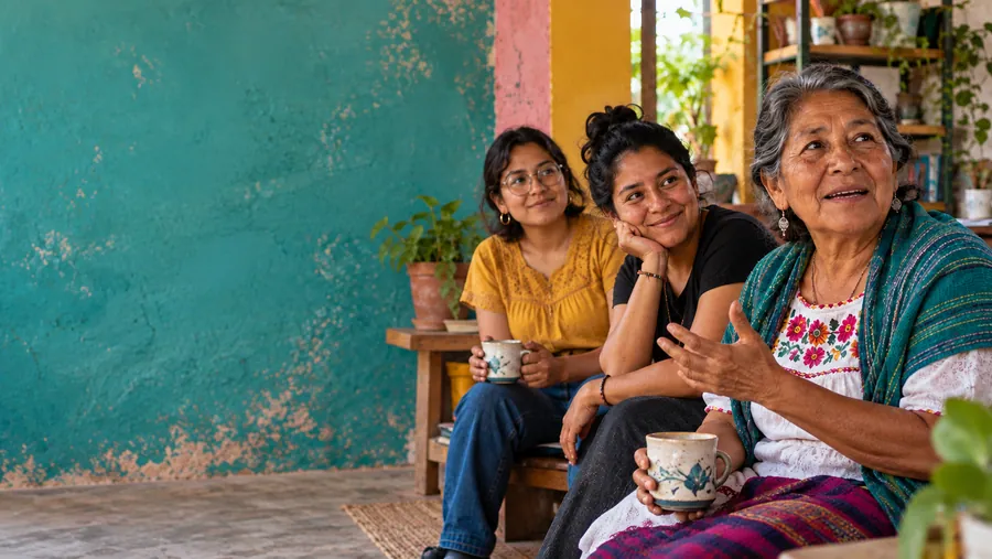 Imagen ilustrativa: tres mujeres de distintas edades conversan con tazas de café en un patio colorido.