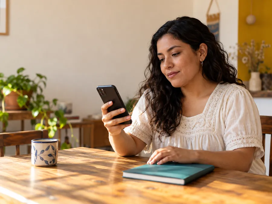 Imagen ilustrativa: mujer revisa su teléfono sentada a una mesa de madera.