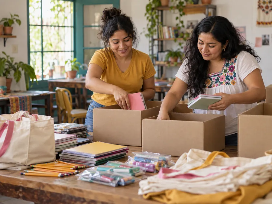 Imagen ilustrativa: dos mujeres acomodan cuadernos y útiles escolares en cajas de cartón.