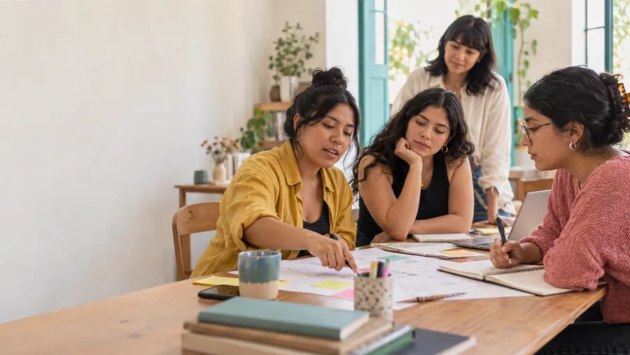 Imagen ilustrativa: cuatro mujeres trabajan juntas sobre una mesa con planos, notas adhesivas y cuadernos.
