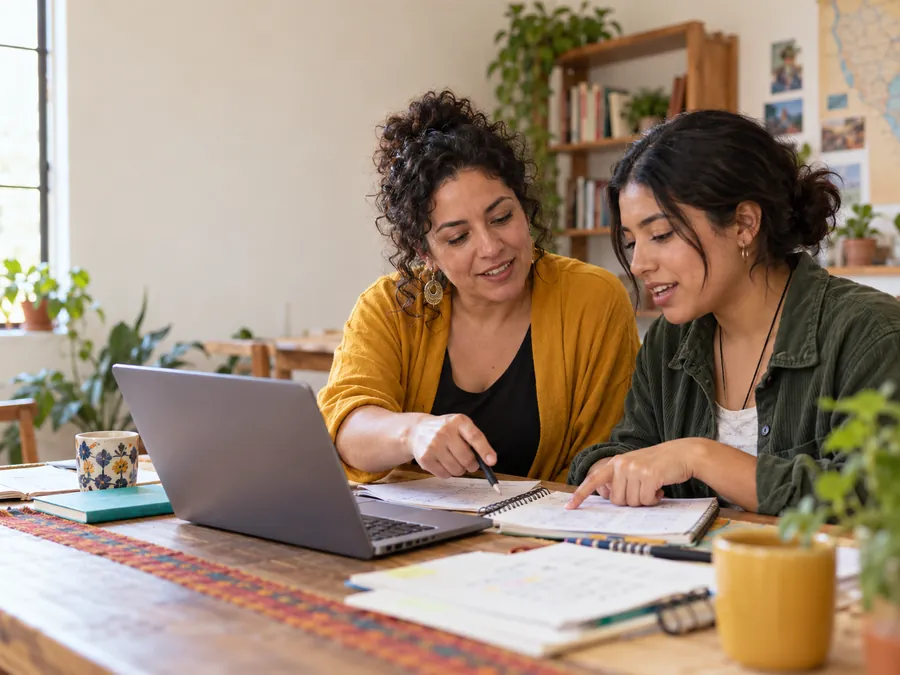 Imagen ilustrativa: una mujer acompaña a otra más joven a revisar sus notas frente a una laptop.